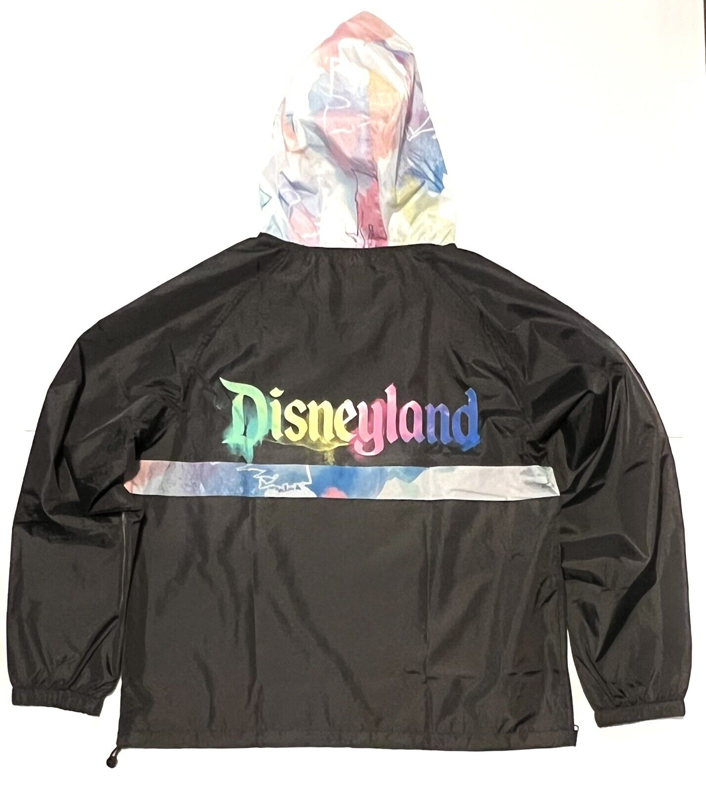 Disneyland Rain Windbreaker Jacket Hood Size L Black Rainbow Pastels Tie Dye